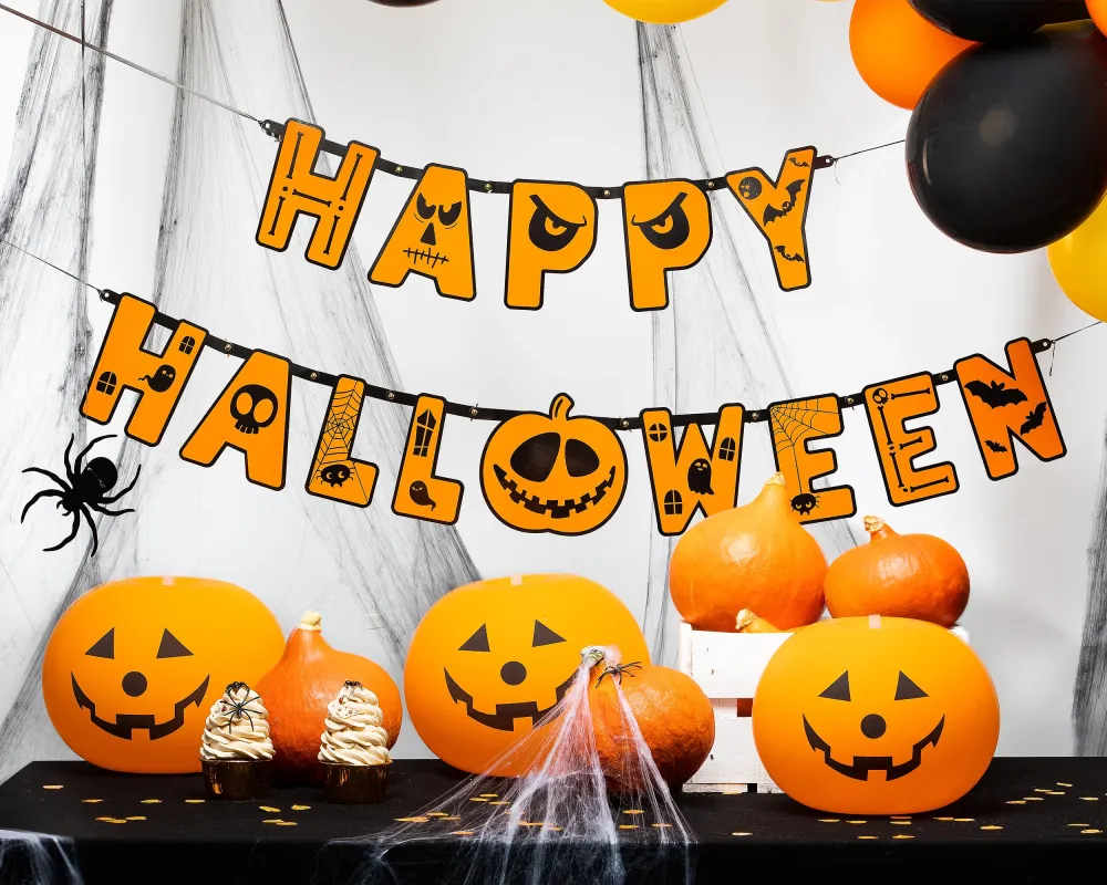 Baner Happy Halloween z dynią pomarańczowy 185cm