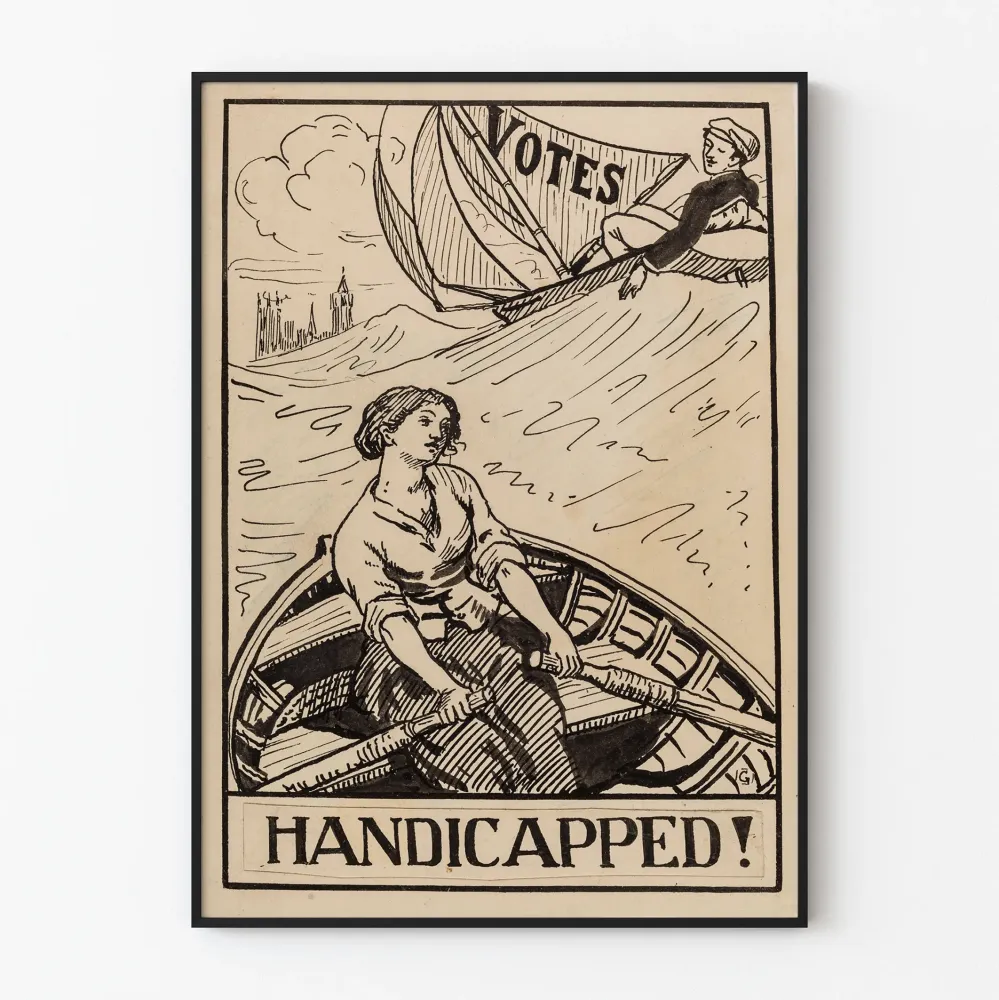 Czarno-biały plakat w stylu vintage z ilustracją łodzi i kobiety wioślarki