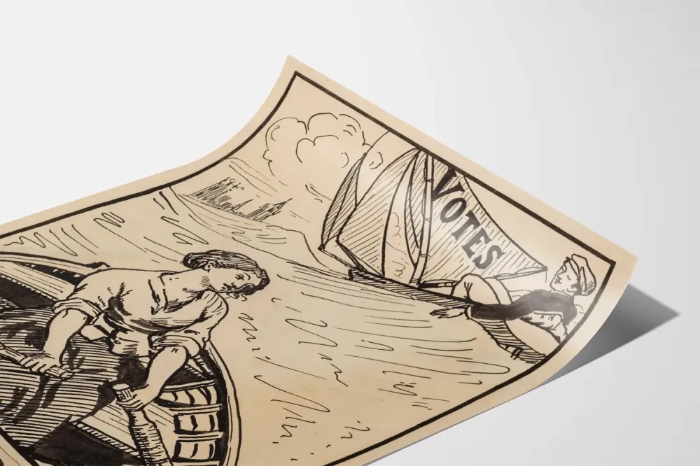 Czarno-biały plakat w stylu vintage z ilustracją łodzi i kobiety wioślarki