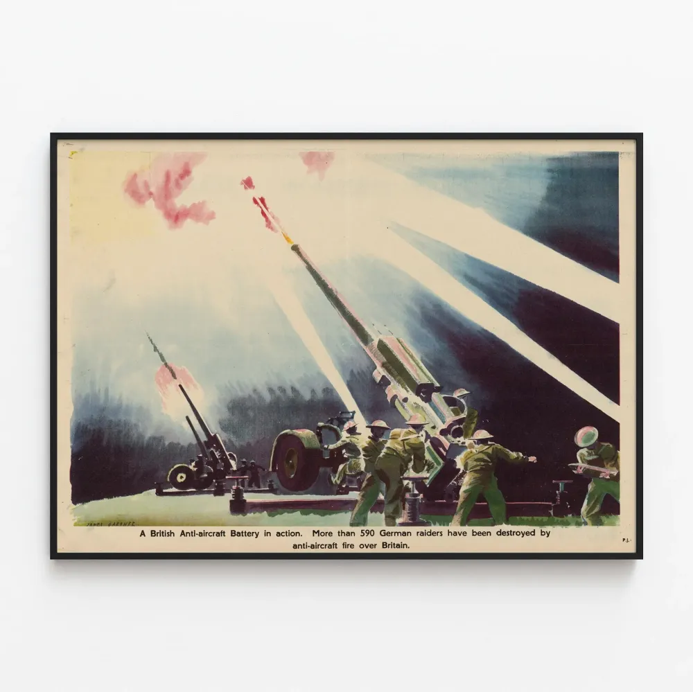 Dekoracyjny plakat brytyjskiej baterii przeciwlotniczej w akcji
