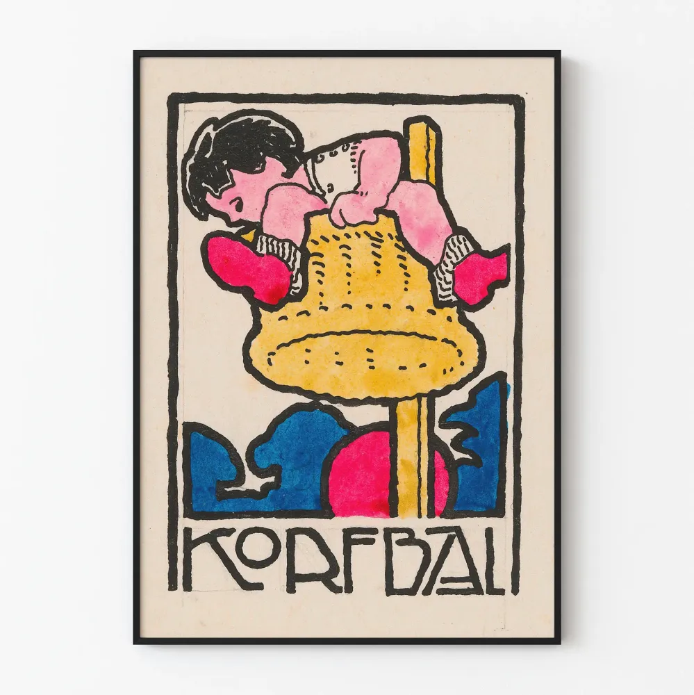 Dekoracyjny plakat dla dzieci z koszykiem i kolorowym koszem do korfballu