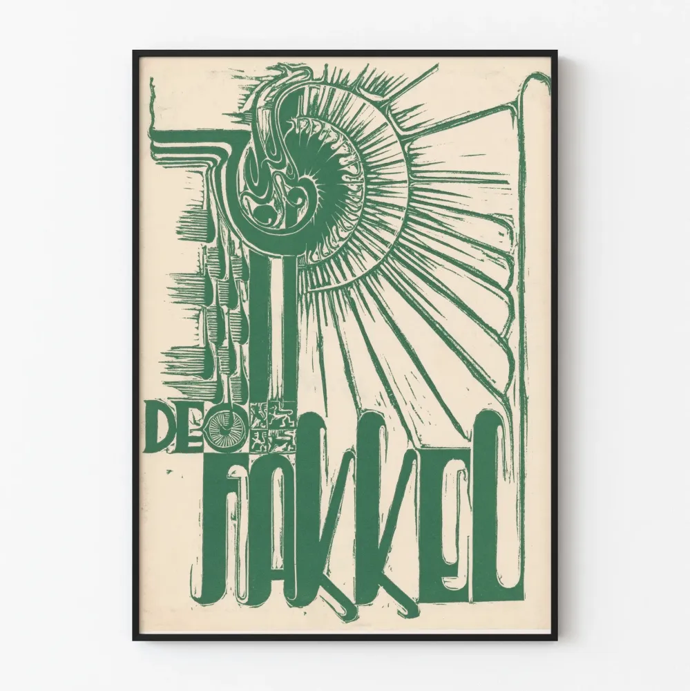 Dekoracyjny plakat De Fakkel o vintage'owym graficznym designie w zieleni