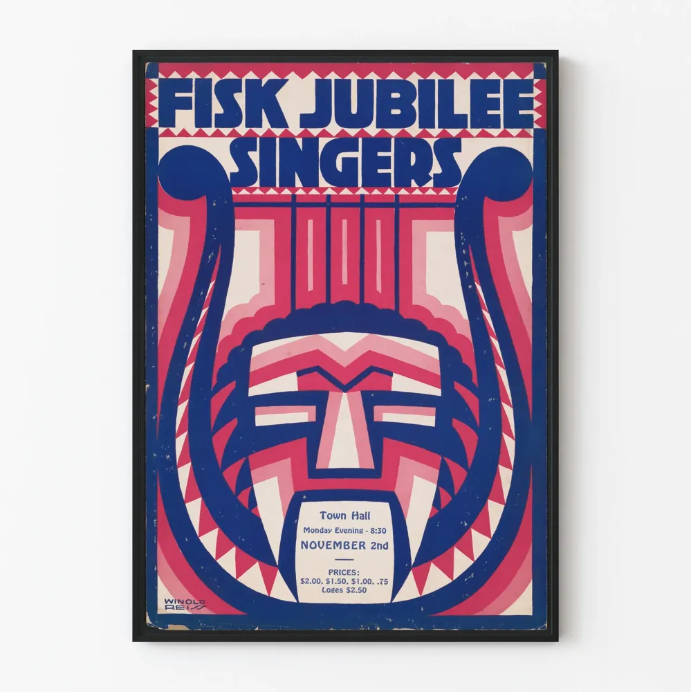 Dekoracyjny plakat Fisk Jubilee Singers z motywem harfy i maski