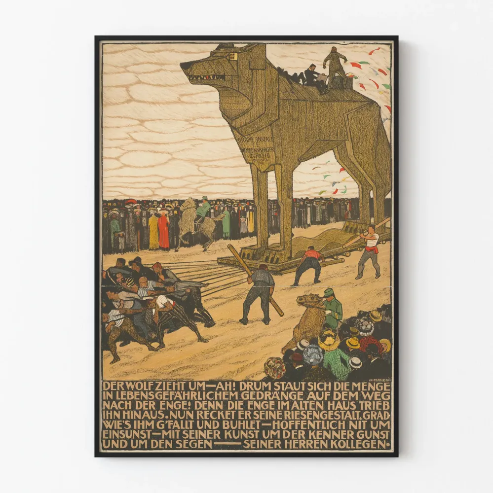 Dekoracyjny plakat z gigantycznym wilkiem z drewna - vintage'owa reprodukcja na ścianę
