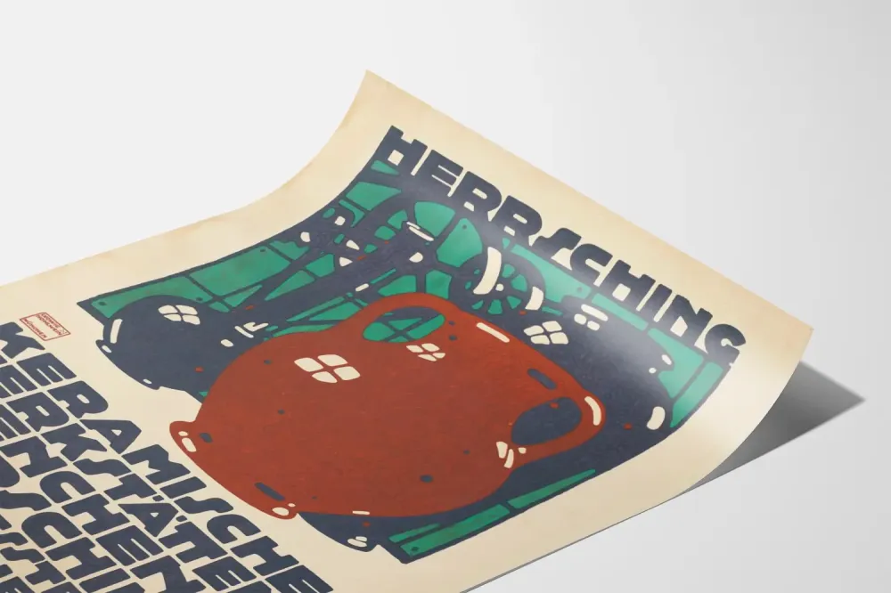 Dekoracyjny plakat z Keramische Werkstätten München Herrsching z stylizowaną ceramiką
