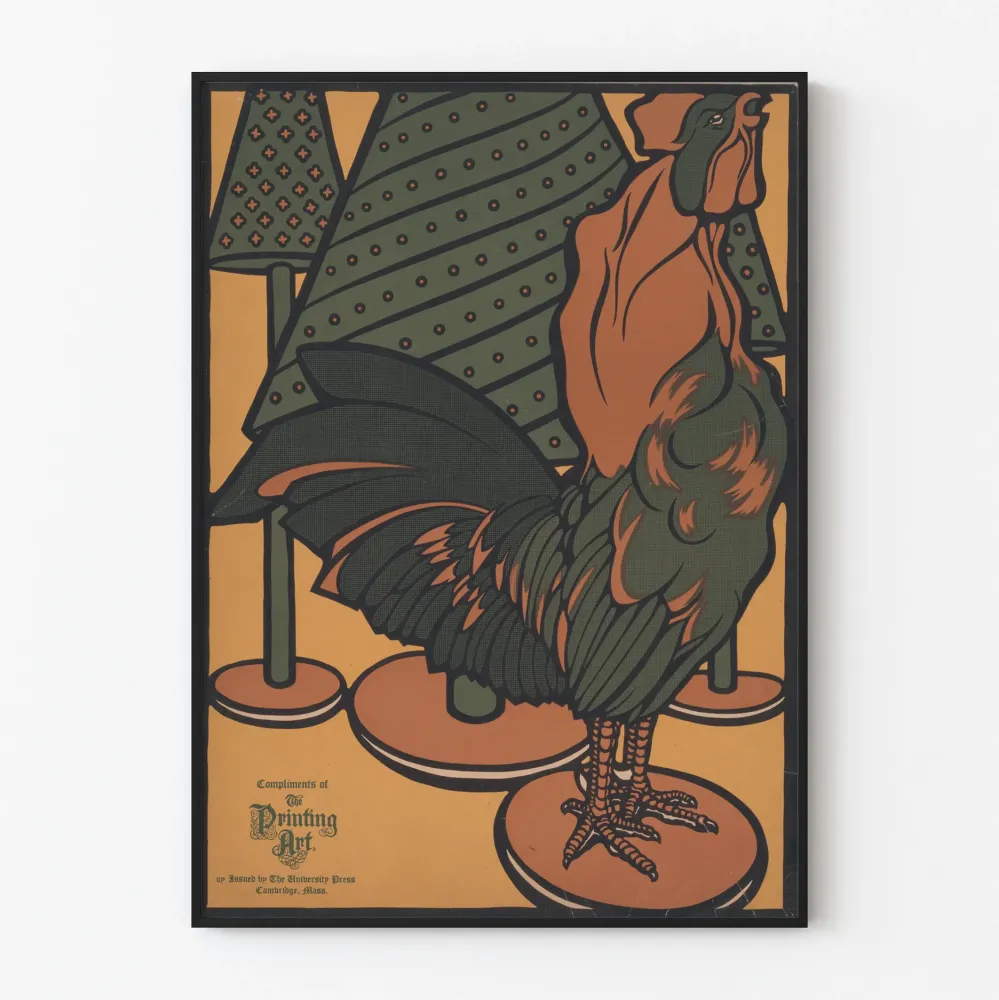 Dekoracyjny plakat z kogutem i świerkami w stylu graficznym vintage