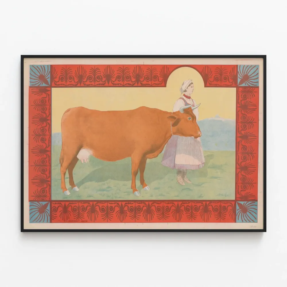 Dekoracyjny plakat vintage Bydł Czerwonego z tradycyjną kowbojką