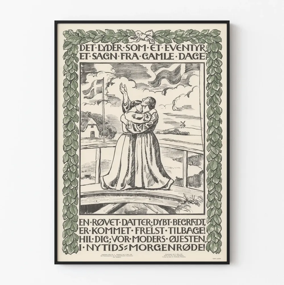 Dekoracyjny plakat vintage z Danii, oprawiony w bluszcz — Romantyczna scena na moście