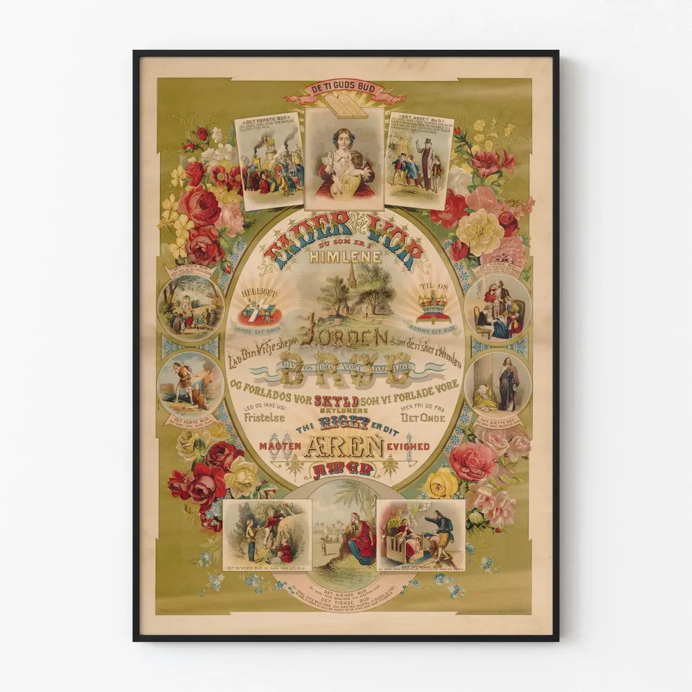 Dekoracyjny plakat vintage z Dziesięcioma Przykazaniami duńskimi
