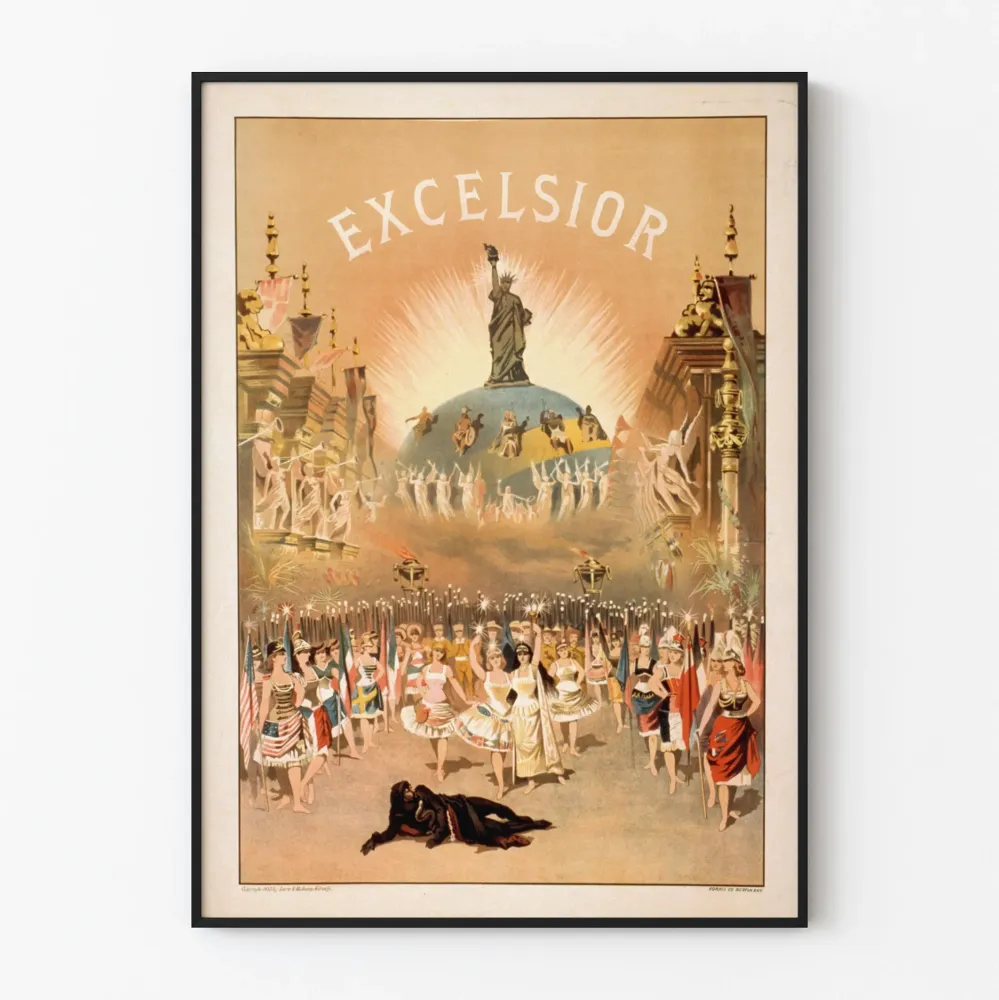 Dekoracyjny plakat vintage Excelsior z tancerkami i Statua Wolności