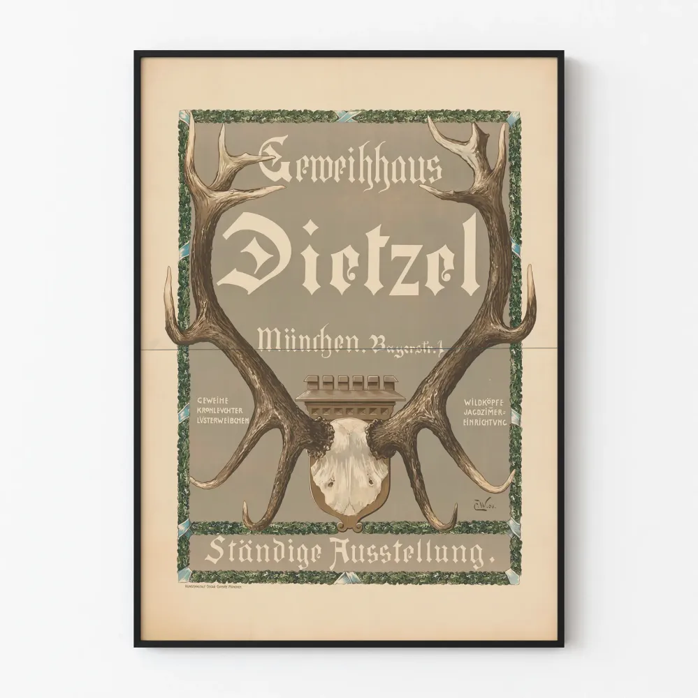 Dekoracyjny plakat vintage Geweihhaus Dietzel Monachium