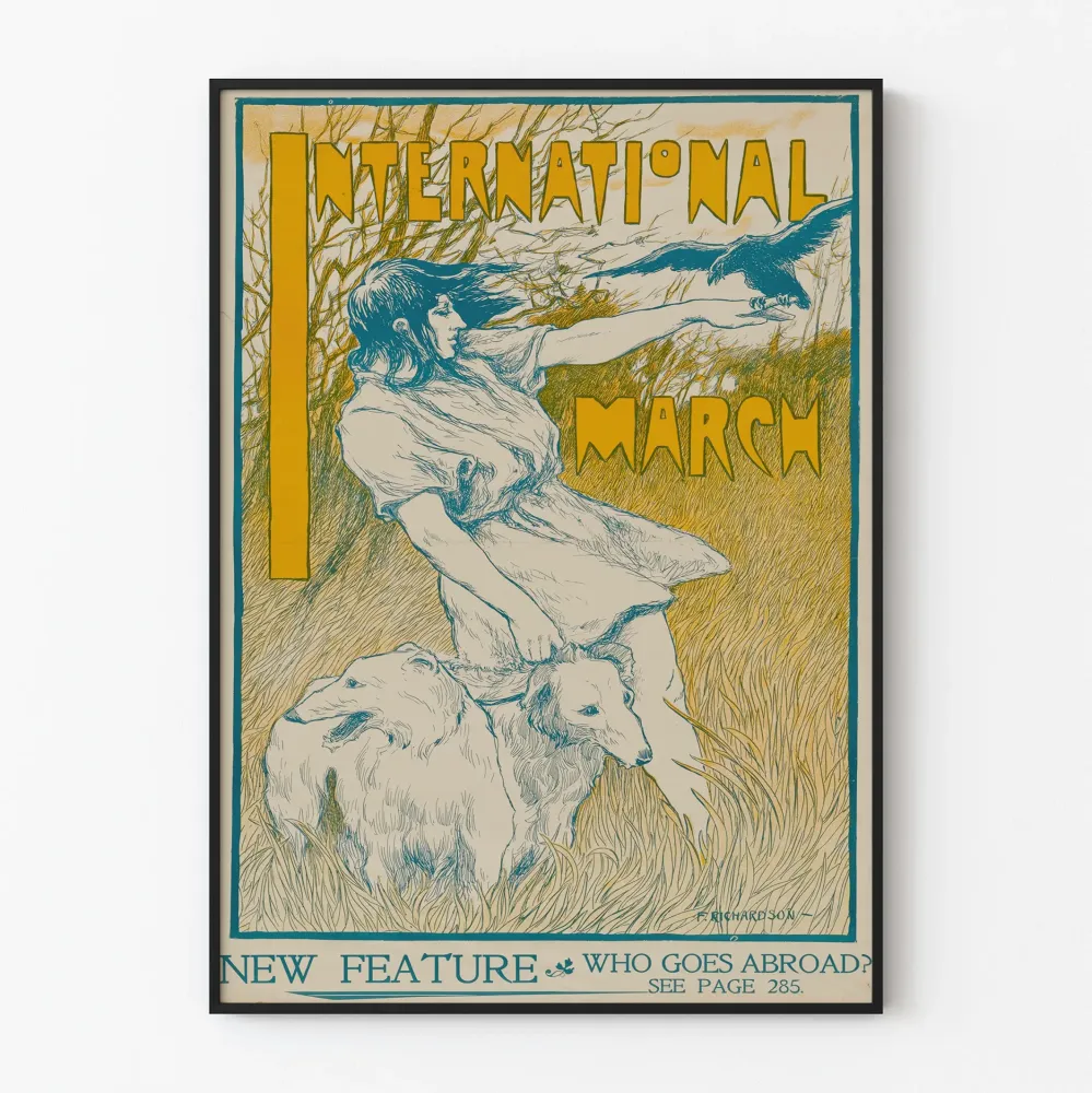 Dekoracyjny plakat vintage International March z kobietą, psami i ptakiem