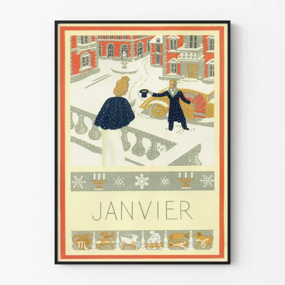Dekoracyjny plakat vintage Janvier z zimową sceną i elementami astrologicznymi