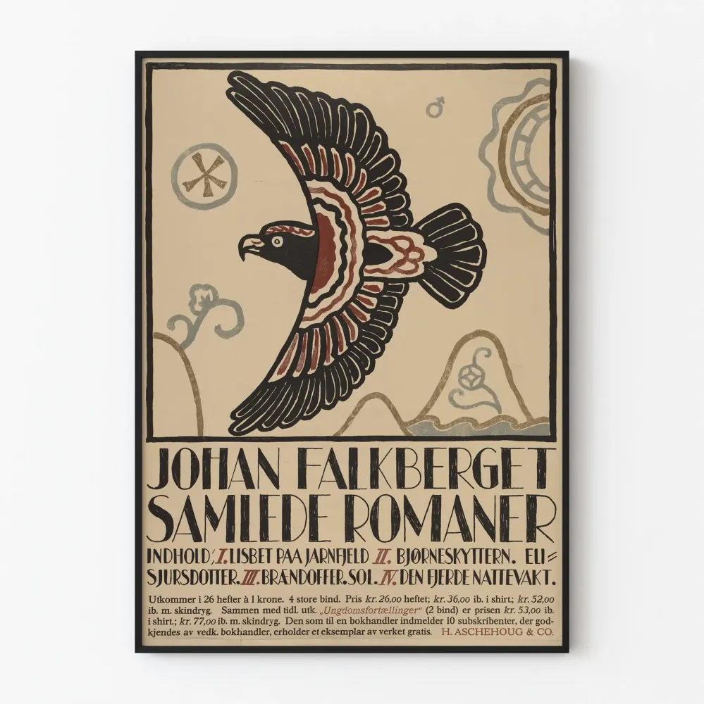 Dekoracyjny plakat vintage „Johan Falkberget Samlede Romaner” z stylizowanym orłem