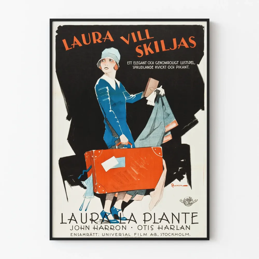Dekoracyjny plakat vintage Laura la Plante w niebieskiej sukni i czerwonym walizką