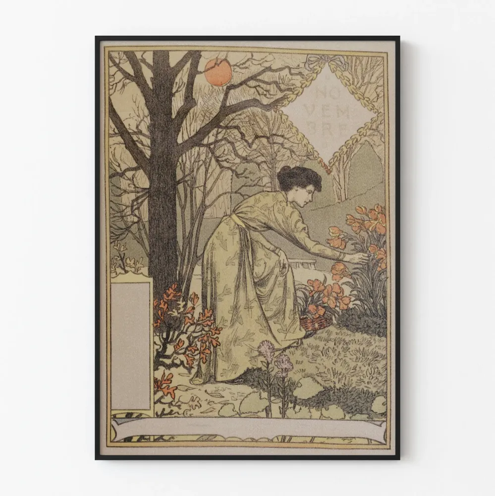 Dekoracyjny plakat vintage „Listopad” scena jesienna w ogrodzie