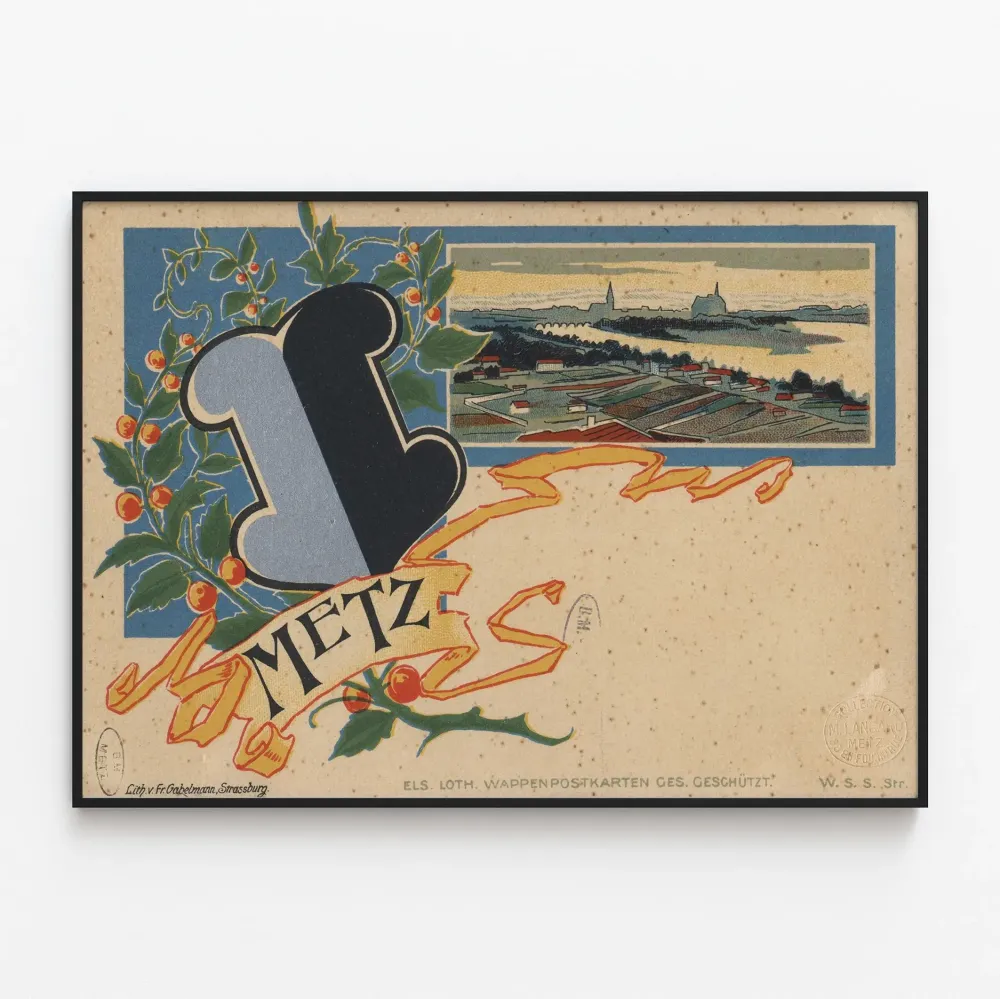 Dekoracyjny plakat vintage Metz z herbem i krajobrazem