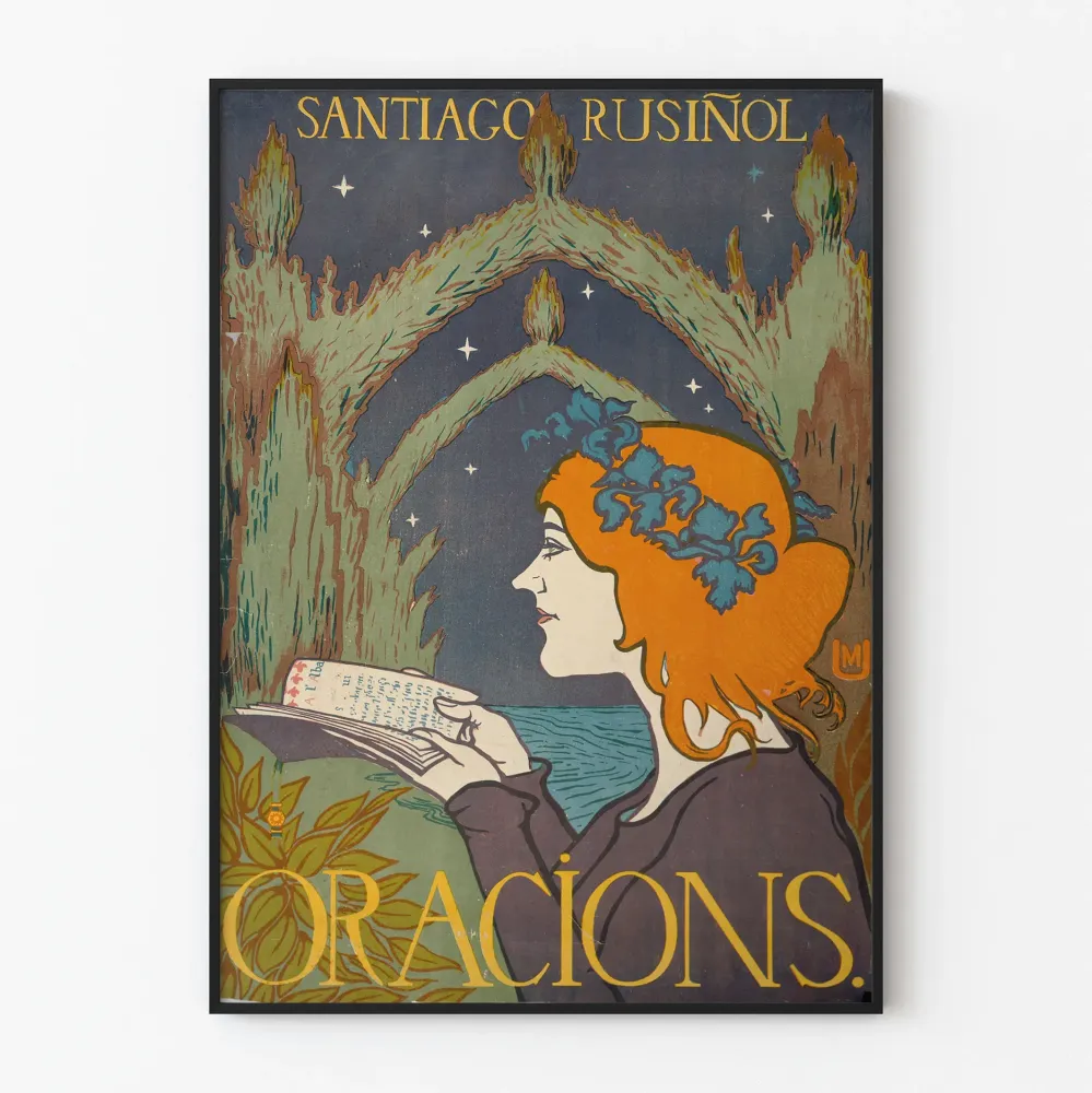 Dekoracyjny plakat vintage Oracions z profilem kobiety i otwartą książką