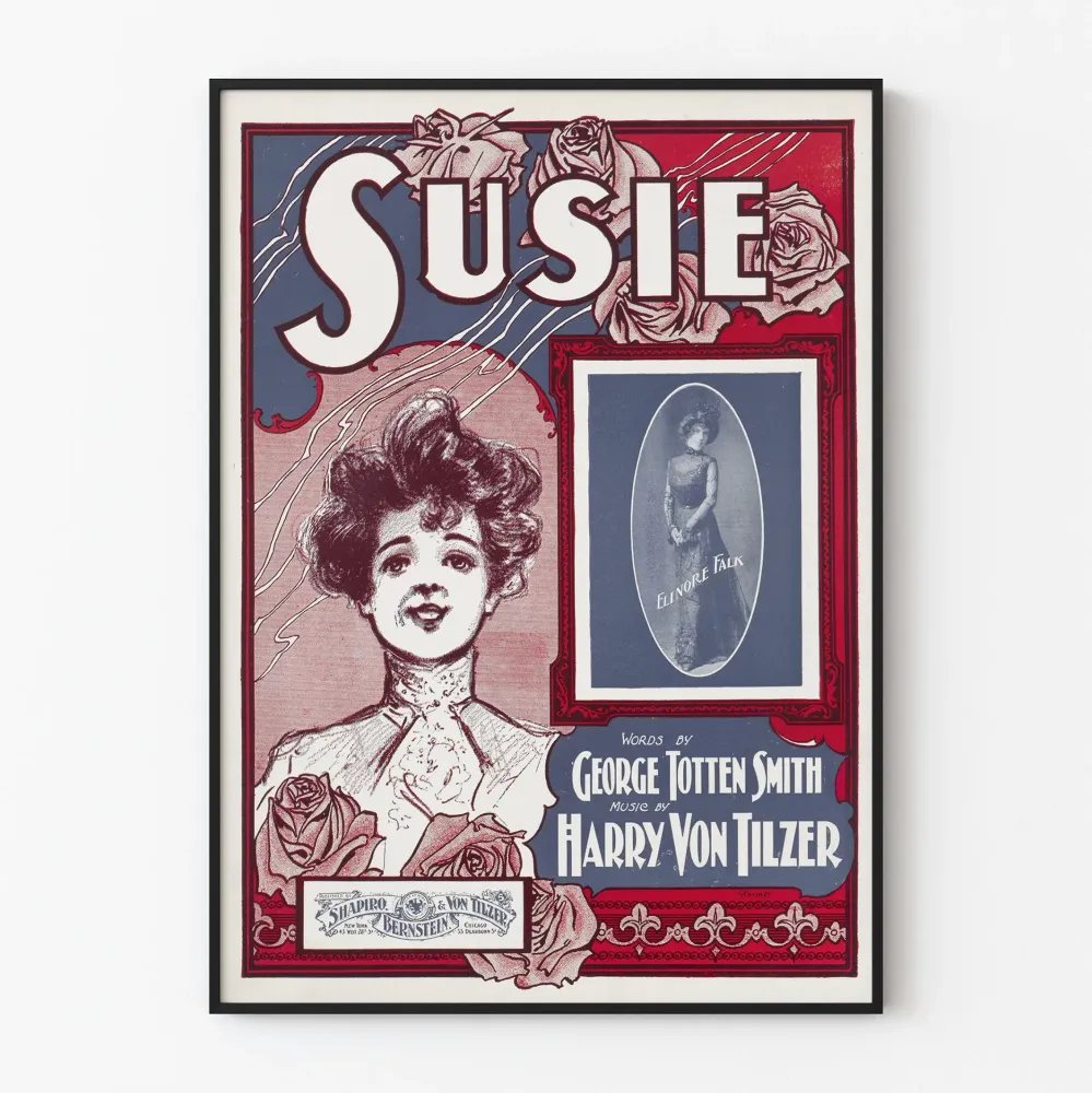 Dekoracyjny plakat vintage Susie z portretem i różami