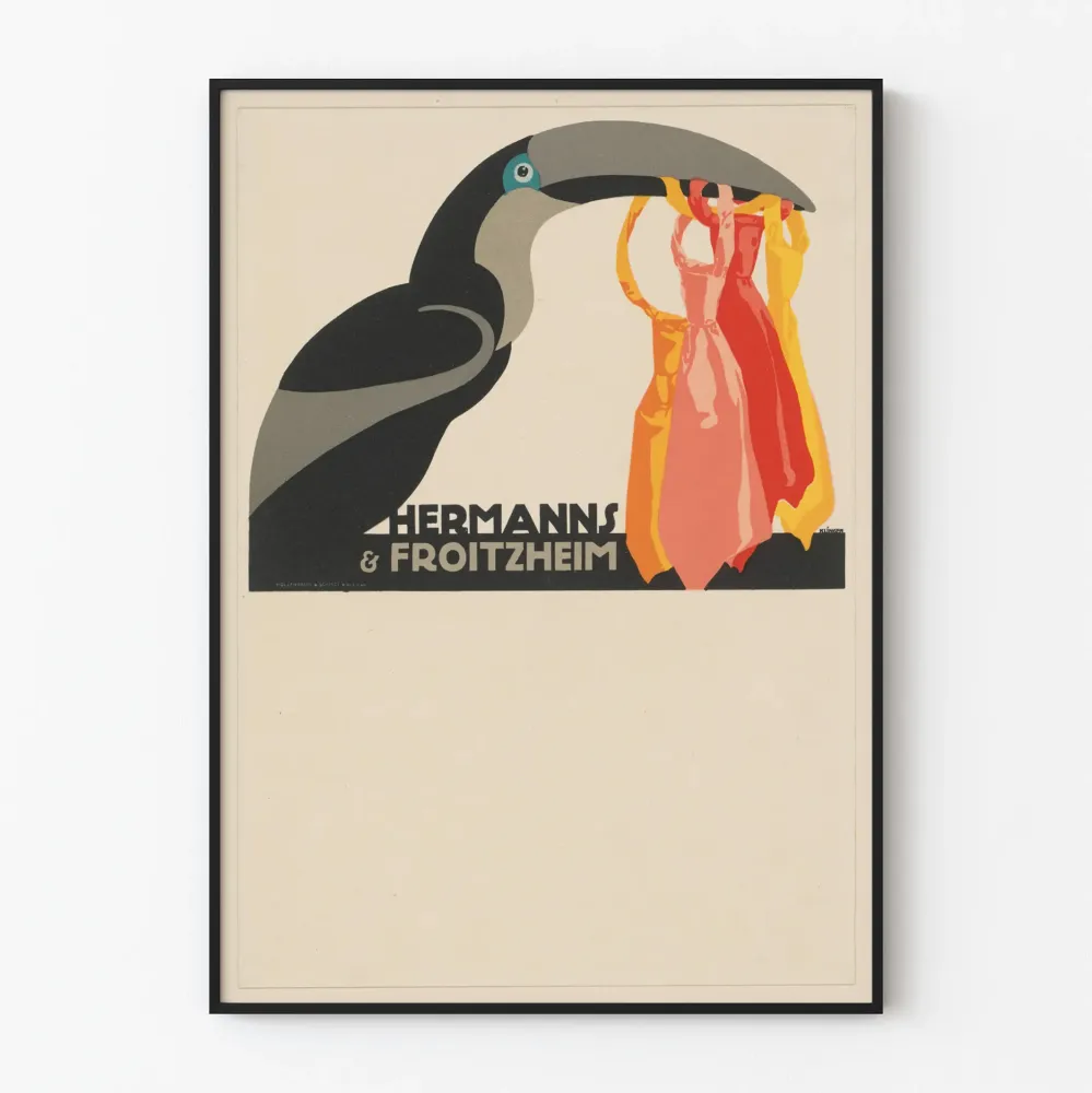 Dekoracyjny plakat vintage z toucanem i kolorowymi sukniami