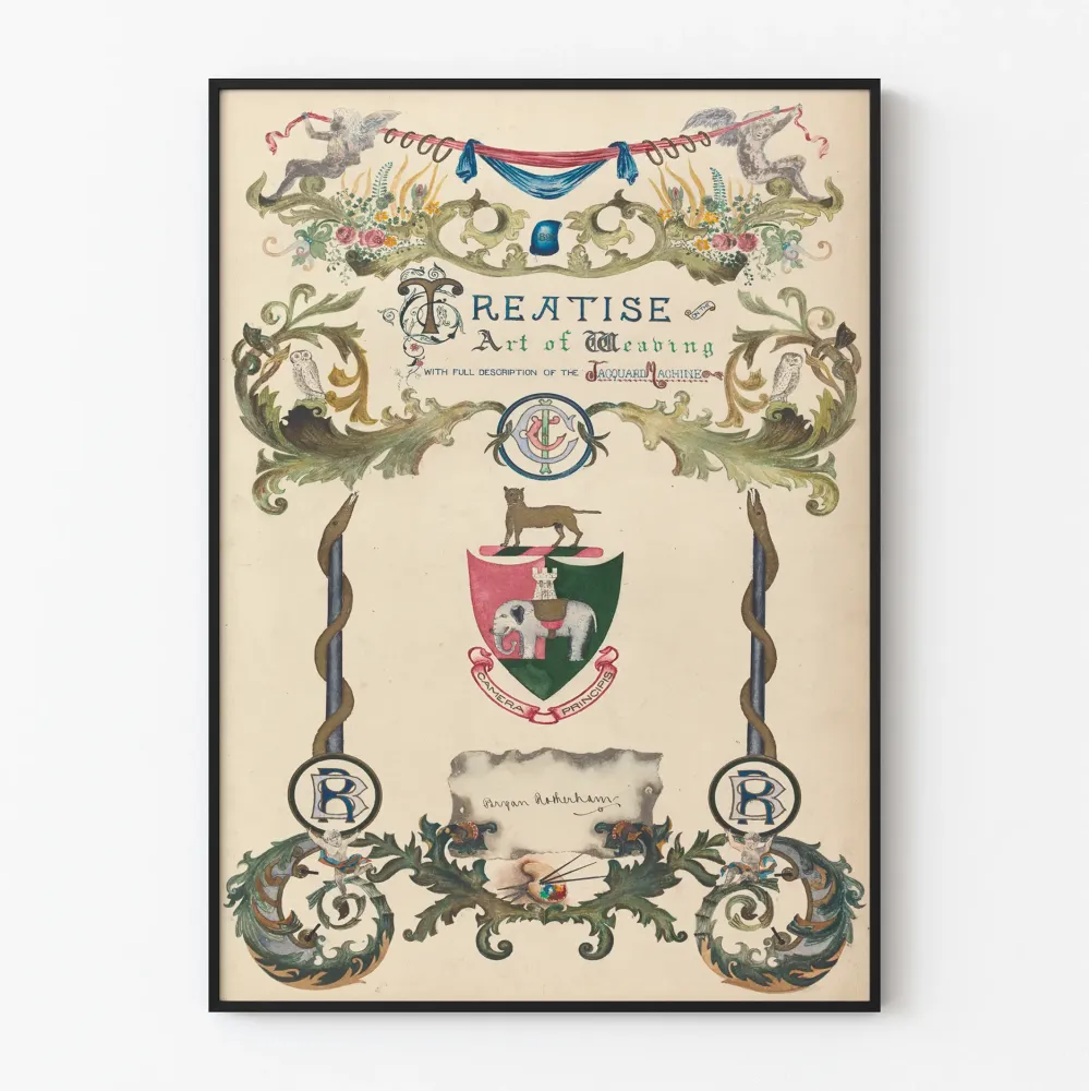 Dekoracyjny plakat vintage - Traktat o sztuce tkania z ornamentacją kwiatową i heraldyczną