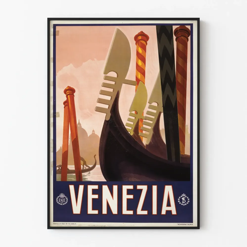 Dekoracyjny plakat vintage Wenecja - Gondole i kolorowe palmy