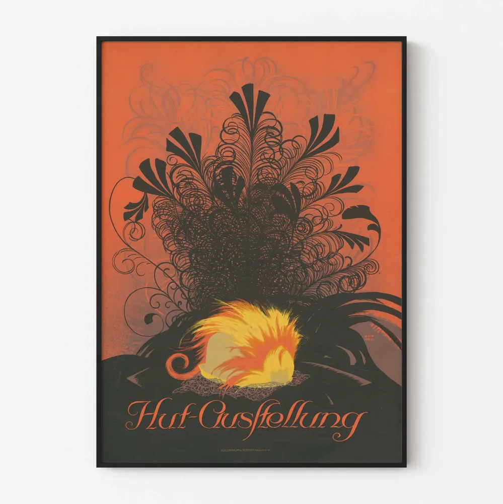 Dekoracyjny plakat vintage z wystawy chaty z czarnym i pomarańczowym piórem