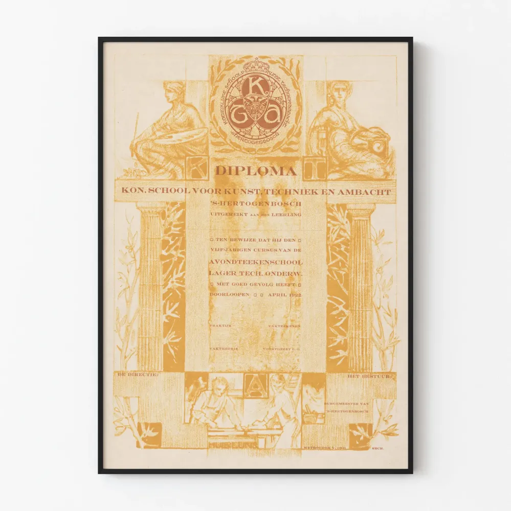 Dekoracyjny plakat z vintage'owego dyplomu Królewskiej Szkoły Sztuk i Technik w 's-Hertogenbosch