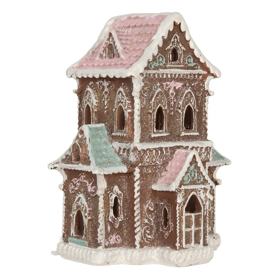 Domek z piernika LED 15x12x20 cm Brązowo miętowy brokatowy Clayre Eef