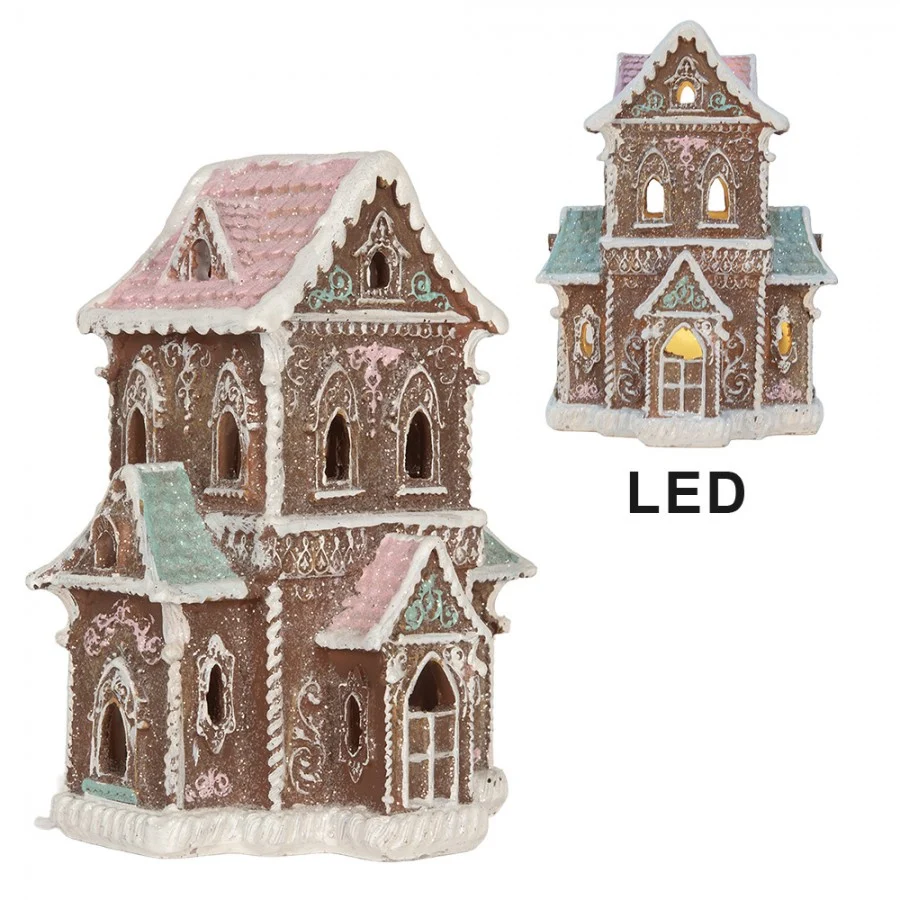 Domek z piernika LED 15x12x20 cm Brązowo miętowy brokatowy Clayre Eef