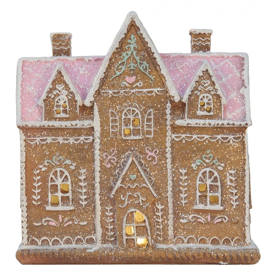 Domek piernikowy Led z różowym dachem 21x20 cm Clayre Eef