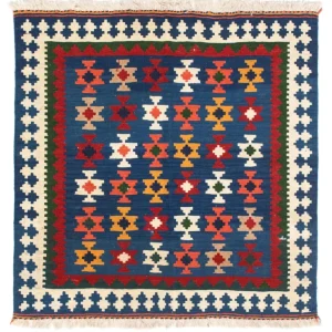 Dywan Kelim - Orientalny kwadratowy - 103 x 100 cm - ciemnoniebieski