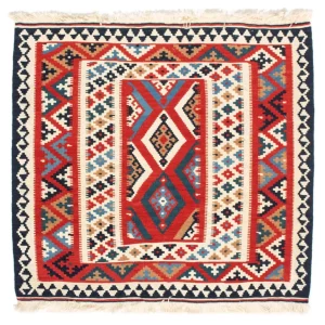 Dywan Kelim - Orientalny kwadratowy - 108 x 105 cm - czerwony