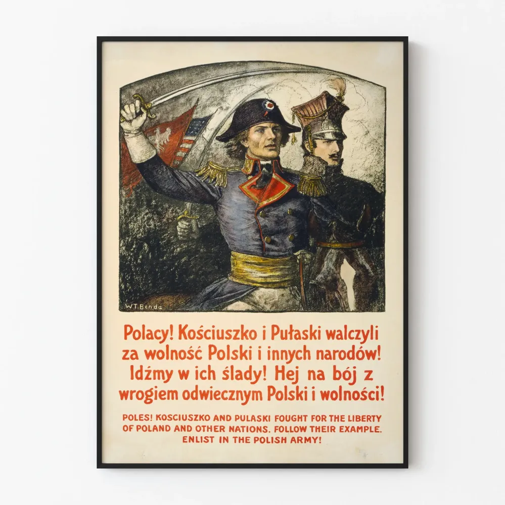 Historyczny plakat propagandy wojskowej polskiej Kosciuszko i Pulaski