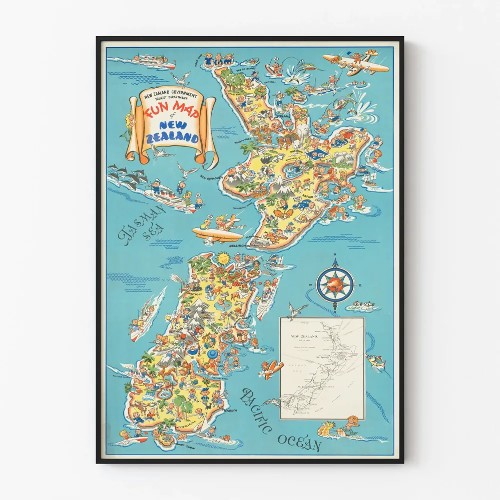 Ilustracyjny i zabawny plakat mapy Nowej Zelandii