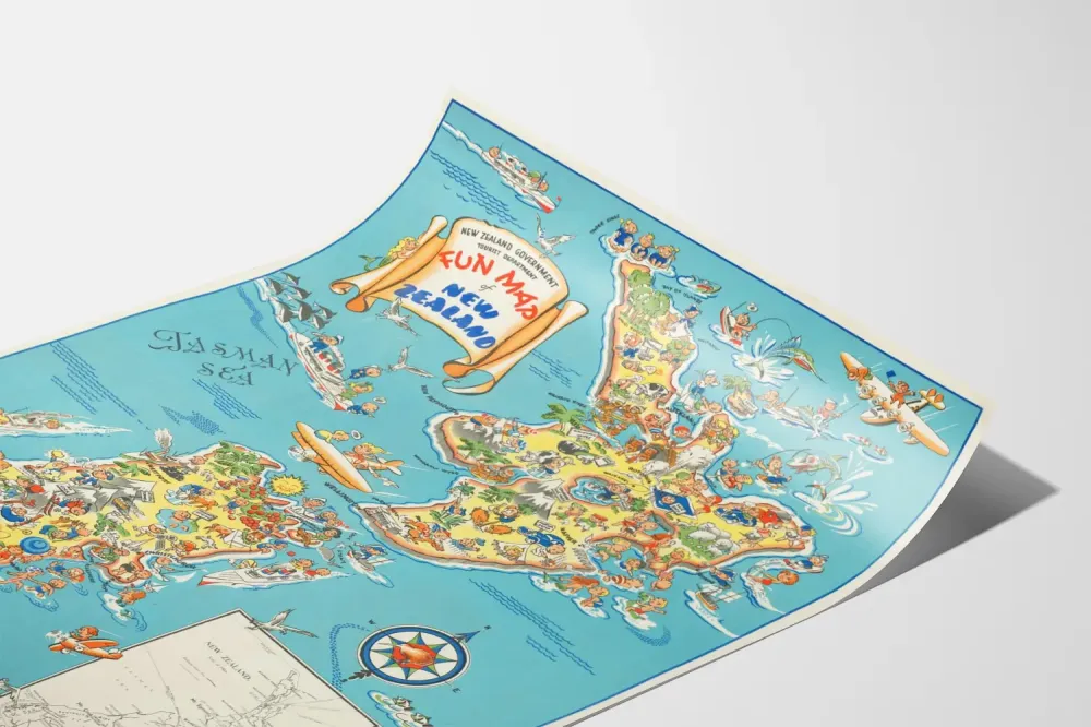 Ilustracyjny i zabawny plakat mapy Nowej Zelandii