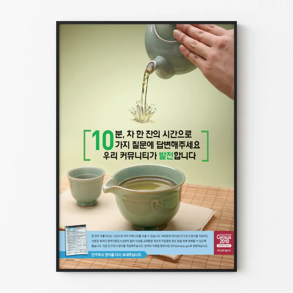 Koreański plakat edukacyjny - Spis ludności USA 2010 oraz herbata tradycyjna