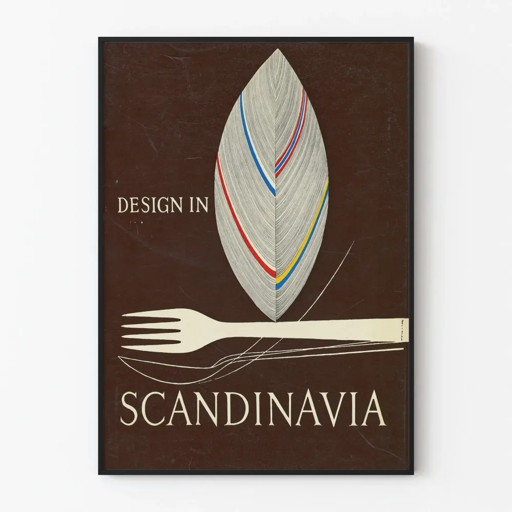 Minimalistyczny skandynawski plakat z liściem i stylizowanymi sztućcami