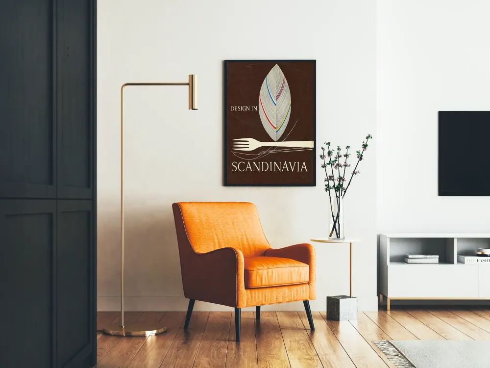 Minimalistyczny skandynawski plakat z liściem i stylizowanymi sztućcami