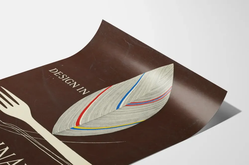 Minimalistyczny skandynawski plakat z liściem i stylizowanymi sztućcami