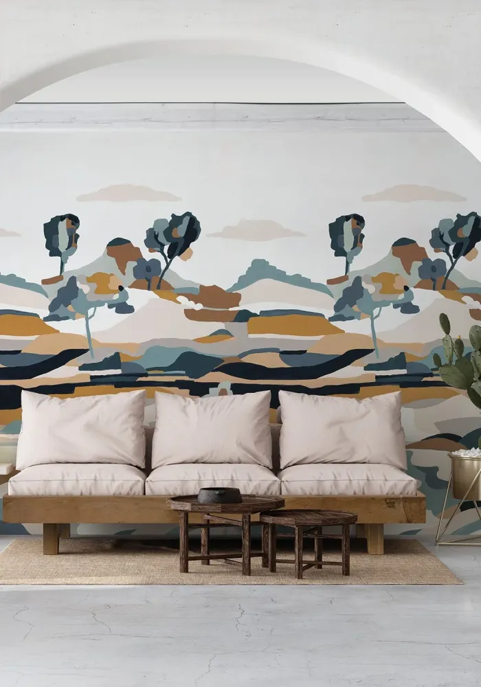Mural abstrakcyjny z krajobrazem LE BASSIN niebieski z beżowym