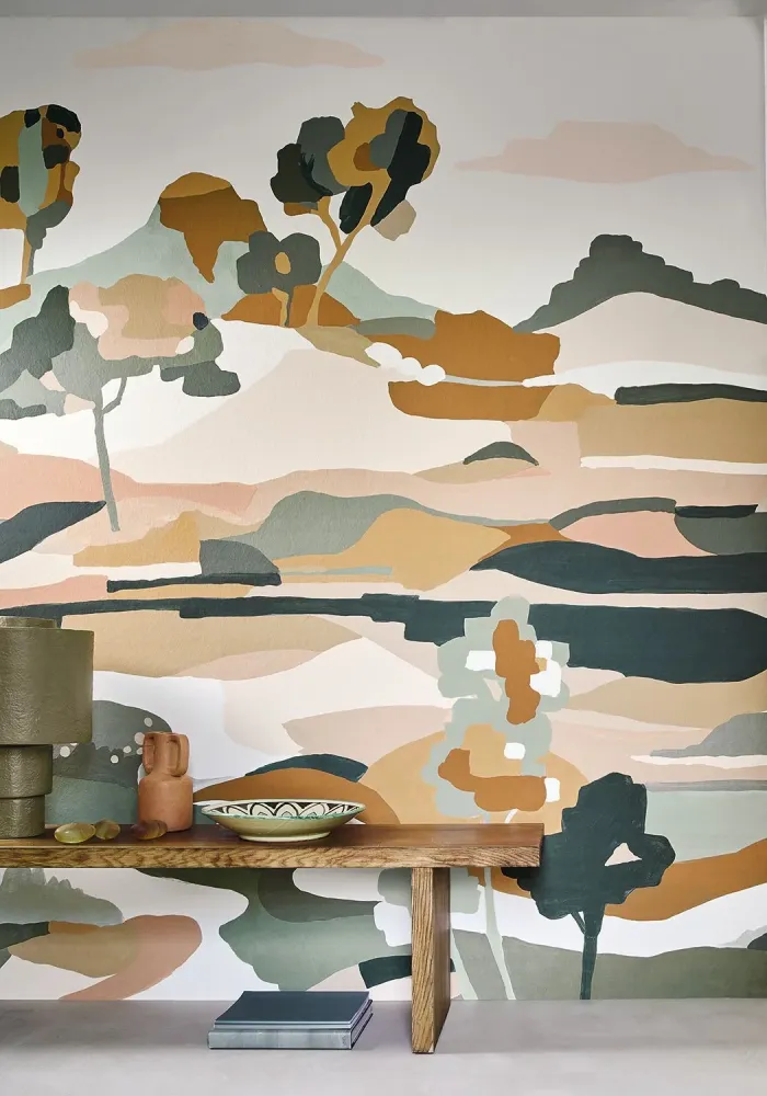Mural abstrakcyjny z krajobrazem LE BASSIN niebieski z beżowym