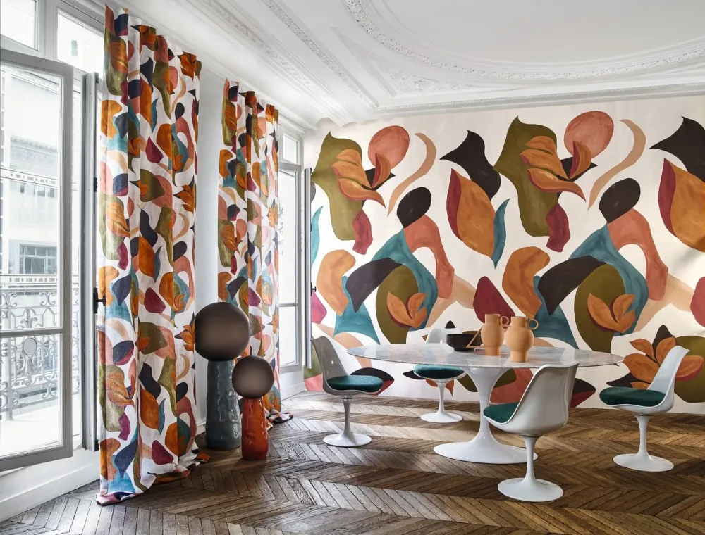 Mural abstrakcyjny z motywem roślinnym MAMBO - BLANC/MULTICO biały z pomarańczowym
