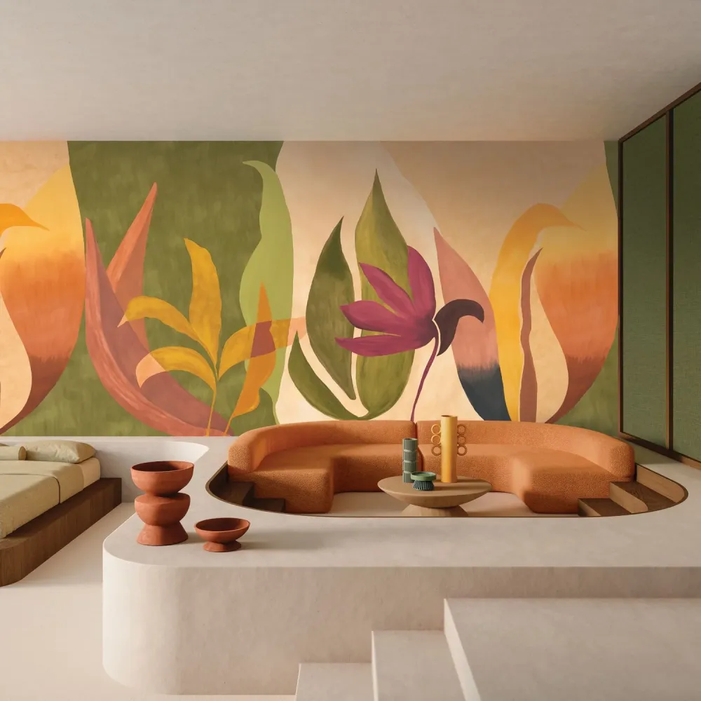 Mural z abstrakcyjnym motywem roślinnym liści NAHUA pomarańczowy z zielonym
