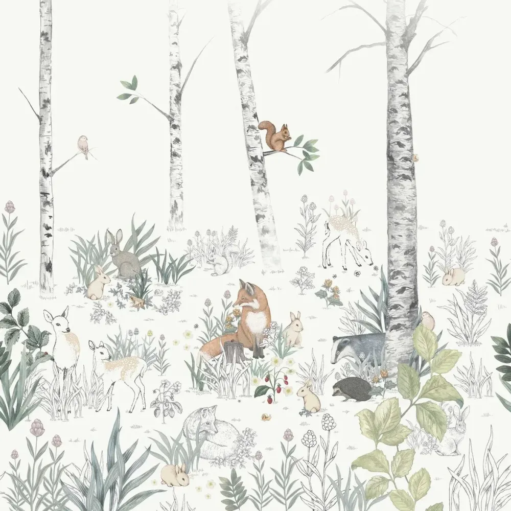 Mural dziecięcy z krajobrazem lasu MAGIC FOREST ciepły biały