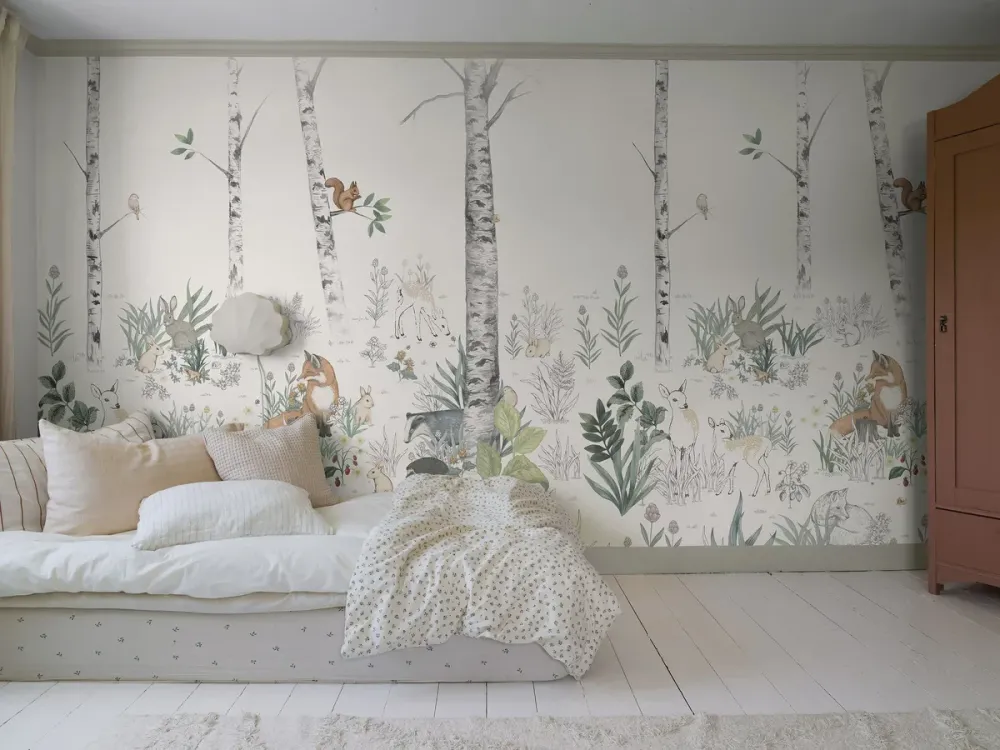 Mural dziecięcy z krajobrazem lasu MAGIC FOREST ciepły biały
