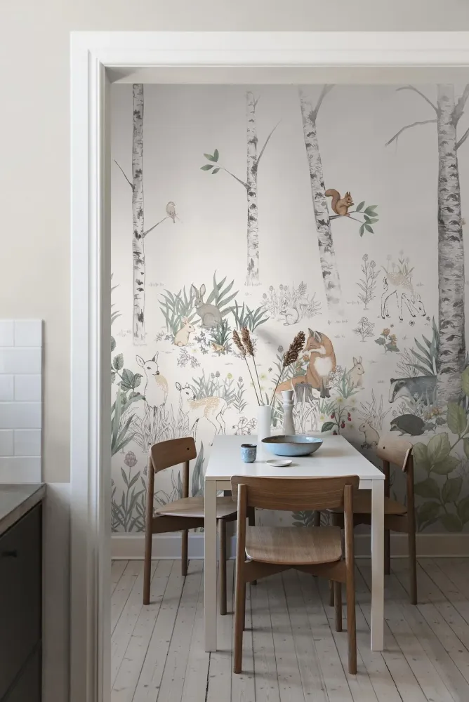 Mural dziecięcy z krajobrazem lasu MAGIC FOREST ciepły biały