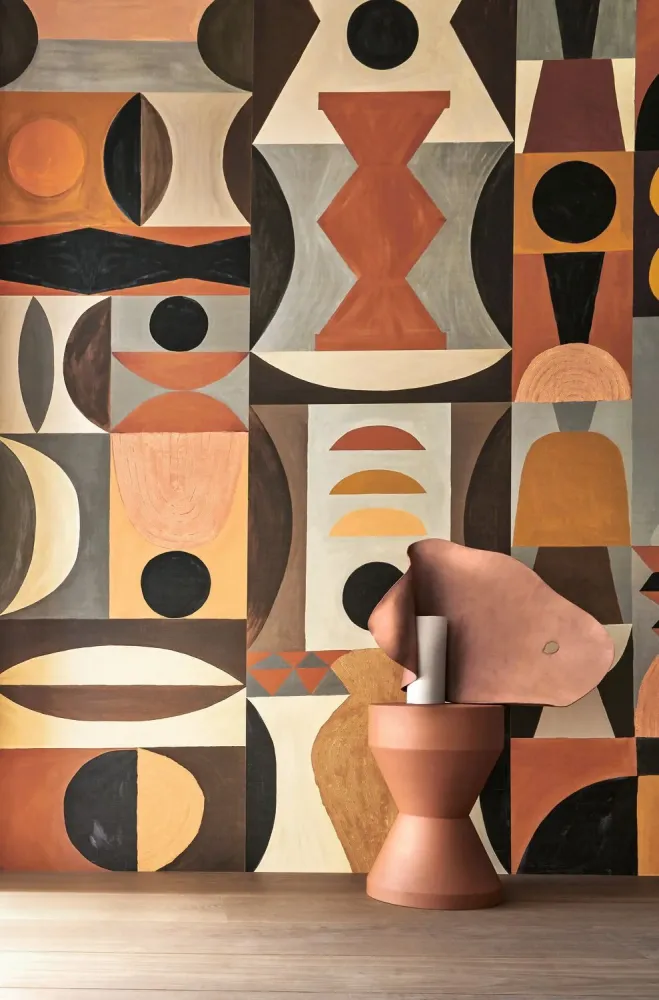 Mural z geometrycznym wzorem MODELAGE - TERRACOTTA/SABLE terakota z brązowym