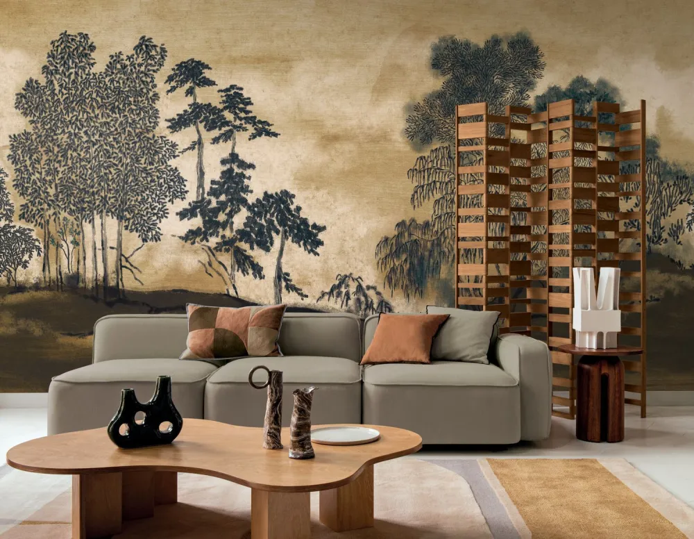 Mural z krajobrazem japońskiego ogrodu KORAKU brązowo-zielony