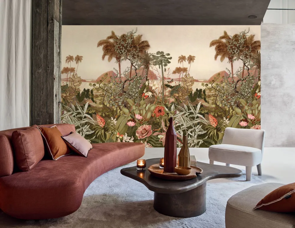 Mural z krajobrazem tropikalnych palm KISAMA beżowy z zielonym